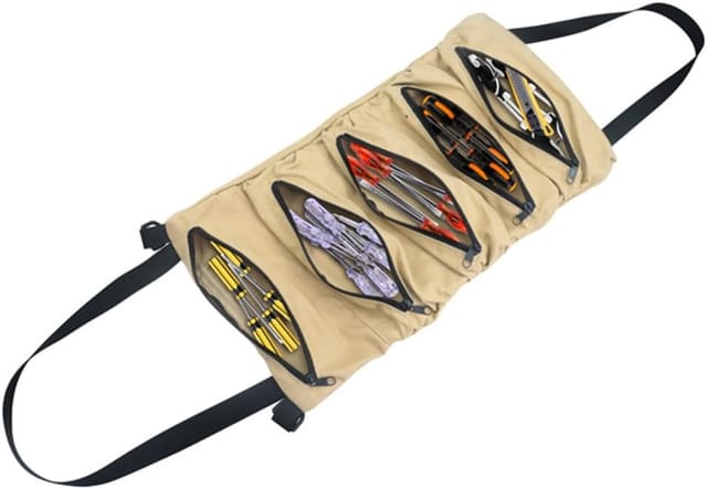 Ersandy - Aufrollbare Werkzeugtasche, Canvas-Werkzeugtasche, Mehrzweck-Werkzeugtasche, mit 5 Reißverschlusstaschen, für Elektriker, Mechaniker, Khaki