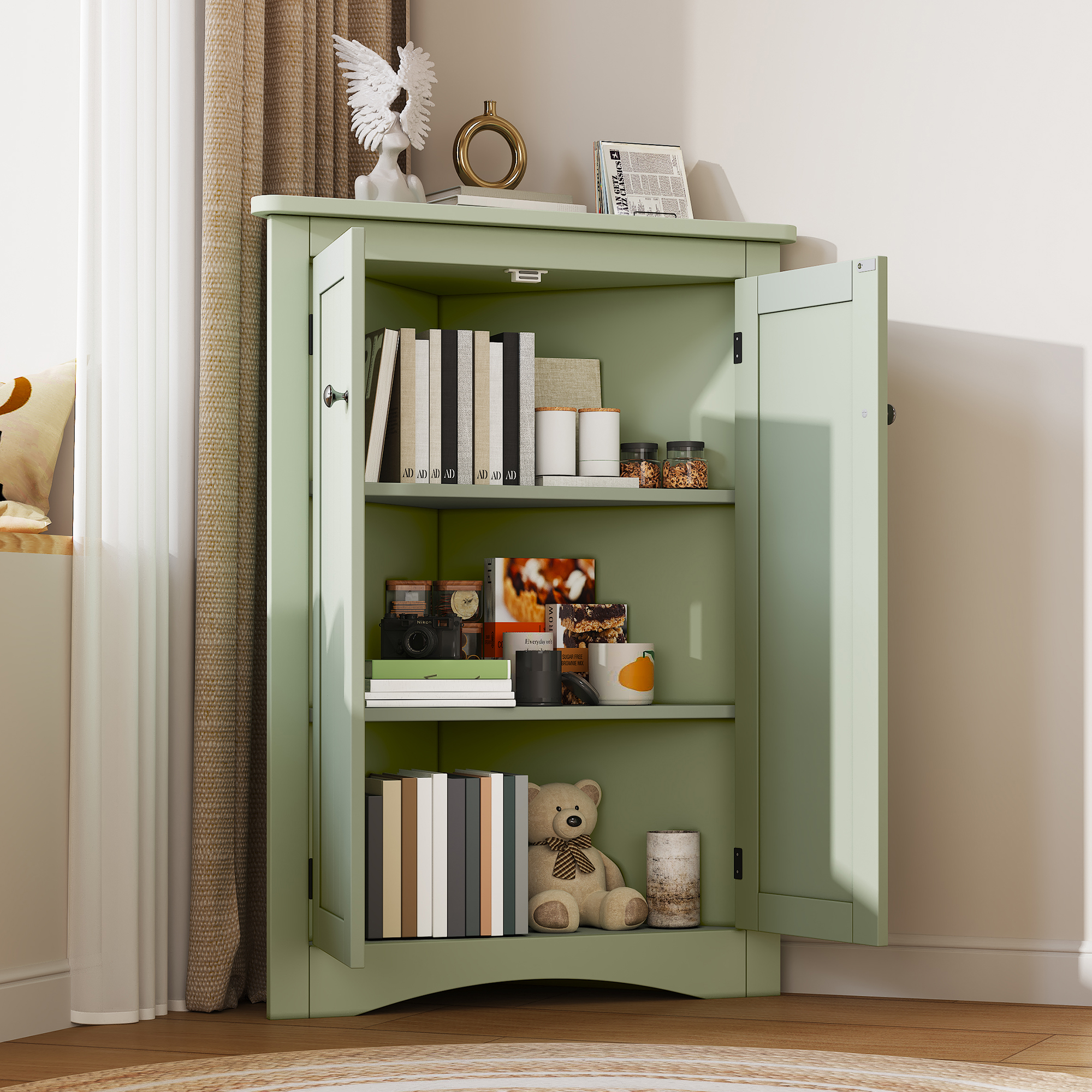 Grüner Eck-schrank – 61,5x34,5x80 Cm – 11.5 Kg – Aus Mdf – Mit 3 Ebenen – Intelligentes Dreieckdesign – Hochwertige Mdf-platte – 2 Einlegeböden
