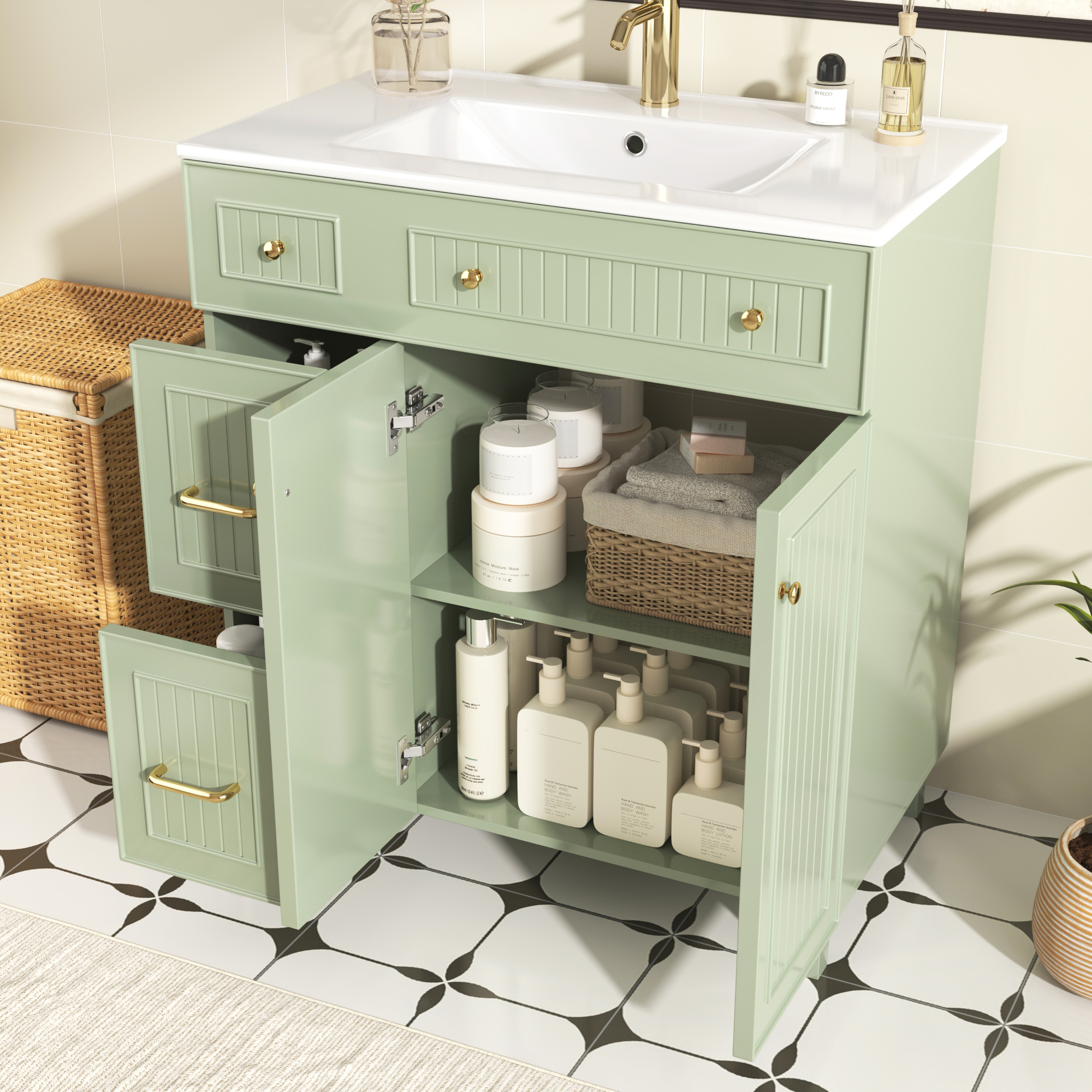Badezimmerschrank – 81,7x46,8x90 Cm – 40.7 Kg – Aus Mdf – Keramikwaschbecken, Langlebig Und – Vielseitiger Stauraum, Schluss – Modell B