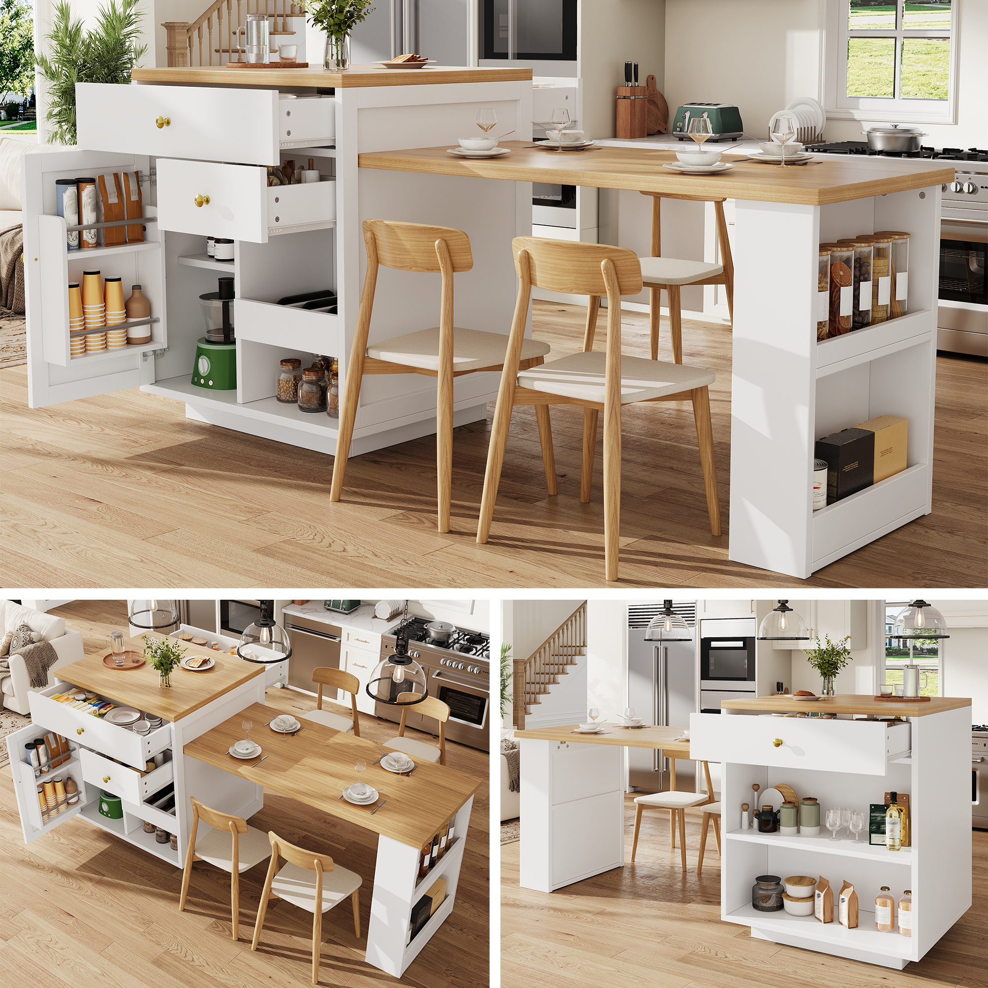 Multifunktionaler Kücheninselschrank – 122,5x70x93,8 Cm – 64.8 Kg – Aus Mdf – Flexibel Ausziehbare Tischplatte – Vielseitiger Stauraum
