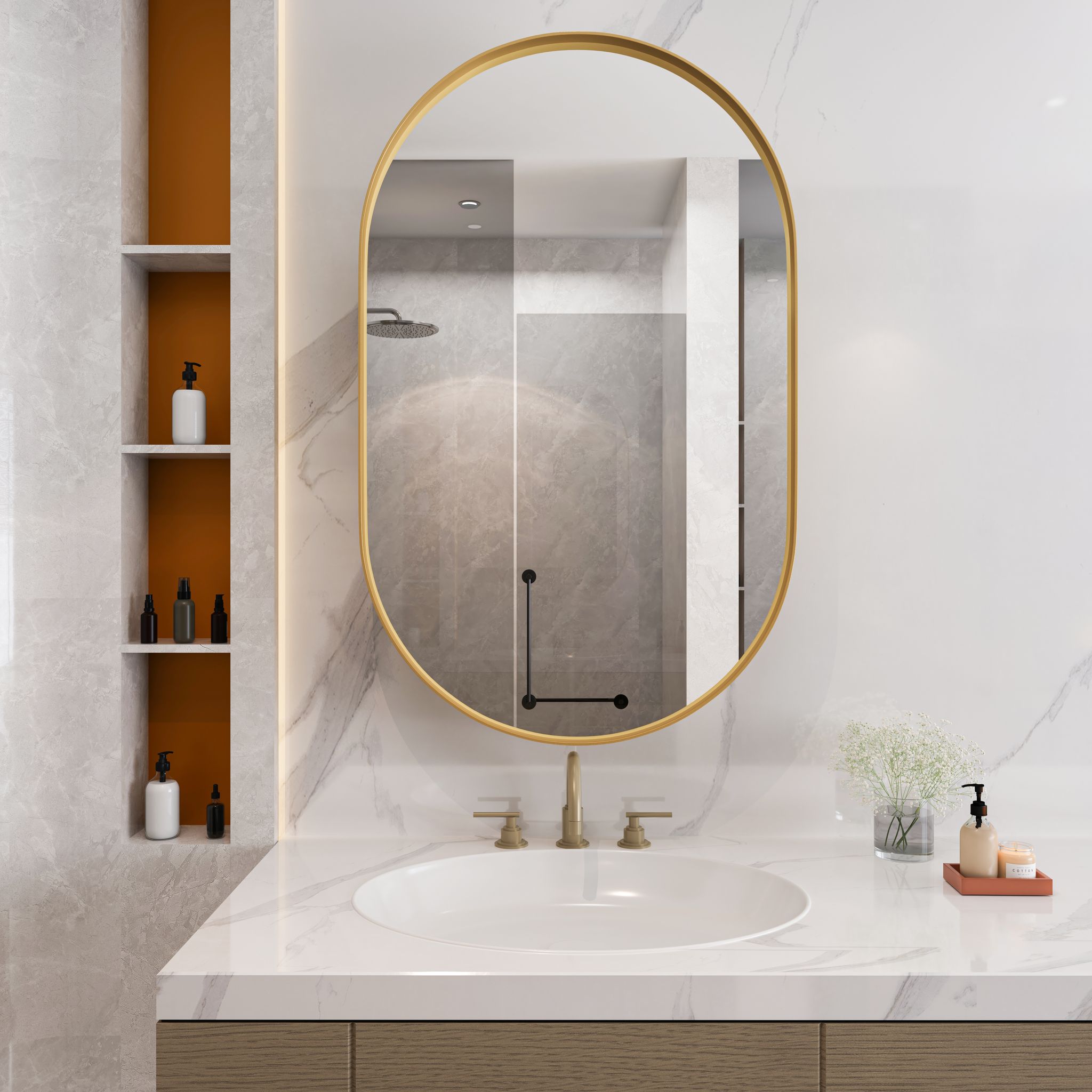 Stylish Oval Mirror Cabinet – 85x51,5x12 Cm – 10.7 Kg – Aus Metall – Contemporary Und Concise Style – Gold – Contemporary Und Concise Style