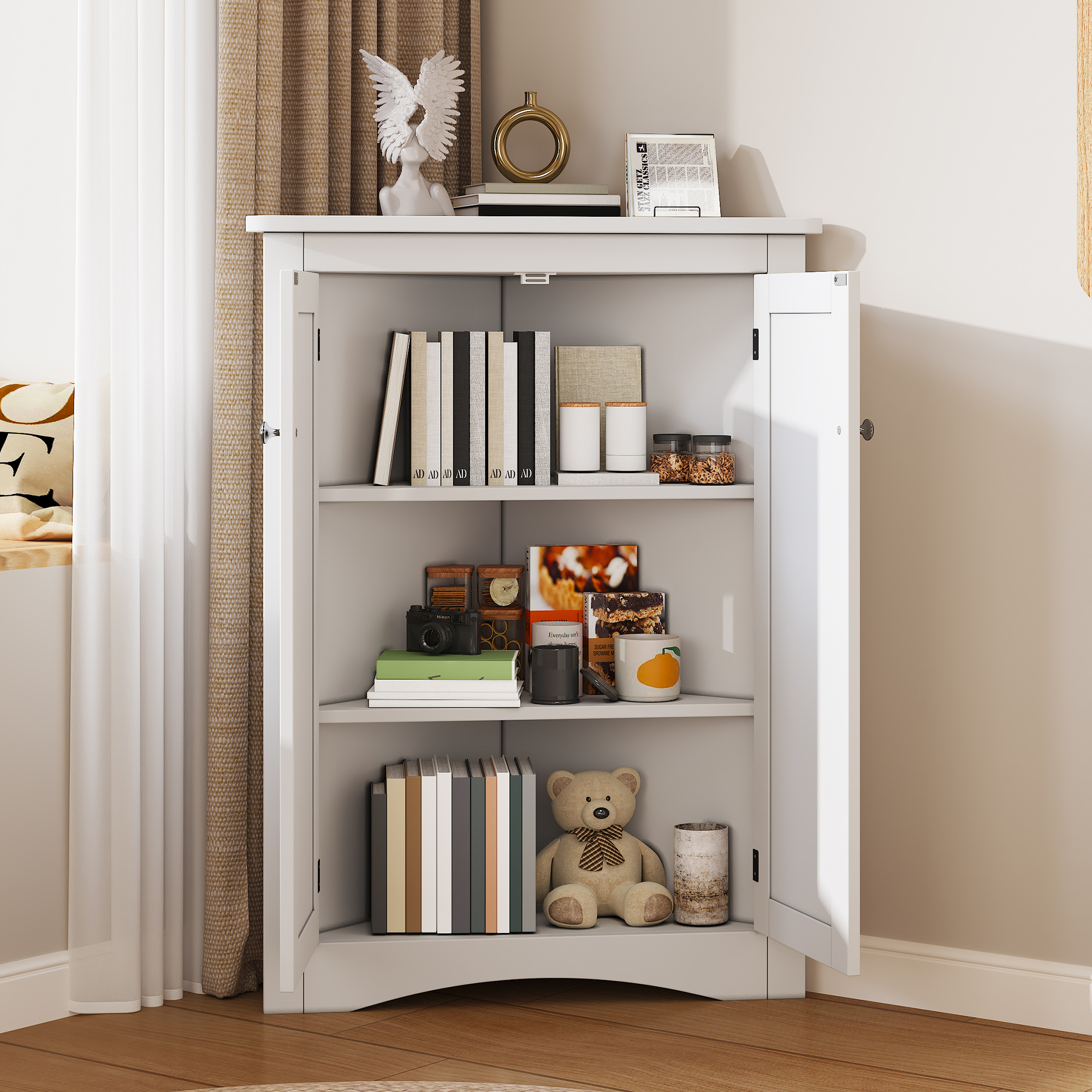 Weißer Eck-schrank – 61,5x34,5x80 Cm – 11.5 Kg – Aus Mdf – Mit 3 Ebenen – Intelligentes Dreieckdesign – Hochwertige Mdf-platte – 2 Einlegeböden