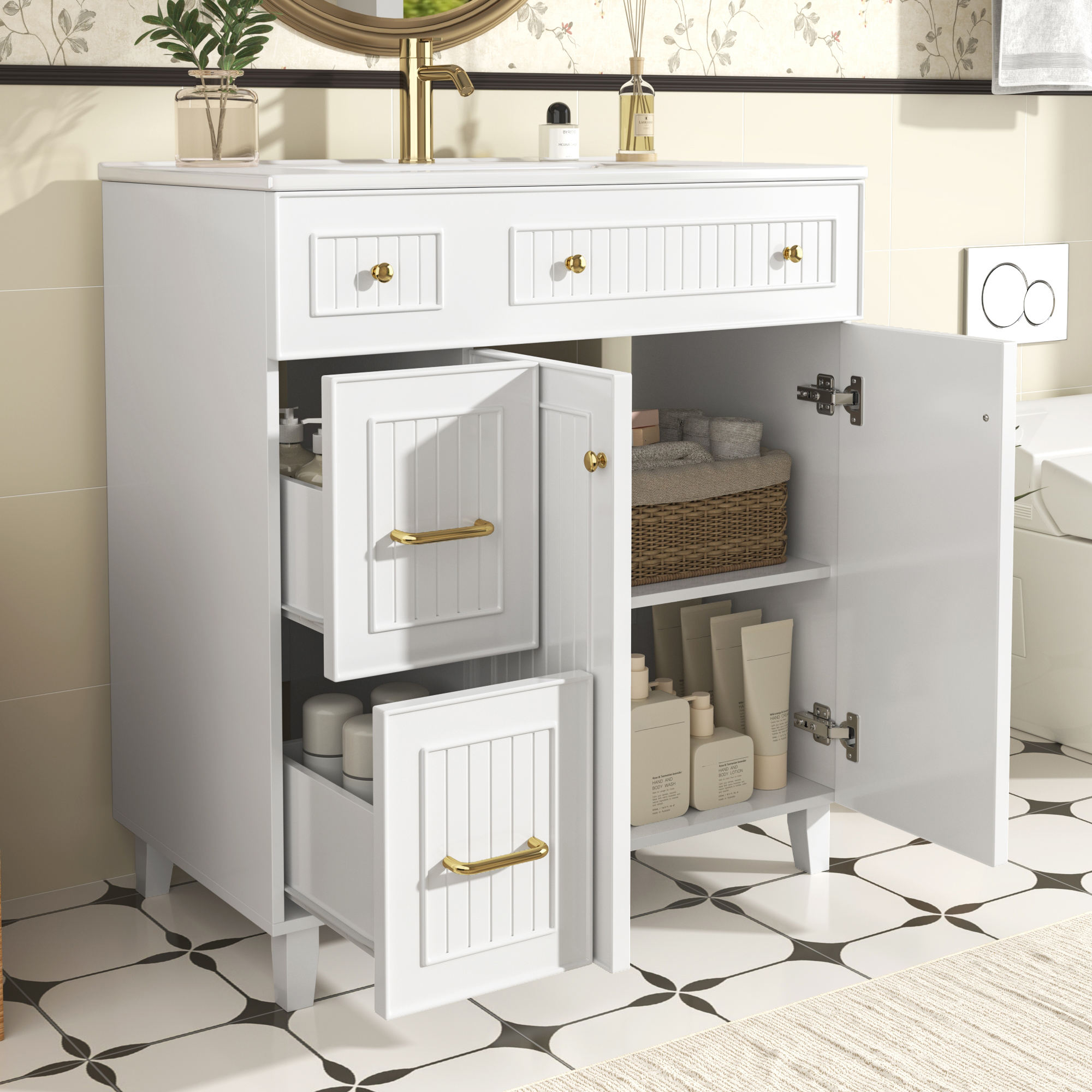 Badezimmerschrank – 81,7x46,8x90 Cm – 40.7 Kg – Aus Mdf – Keramikwaschbecken, Langlebig Und – Vielseitiger Stauraum, Schluss – Lackierter Oberfläche