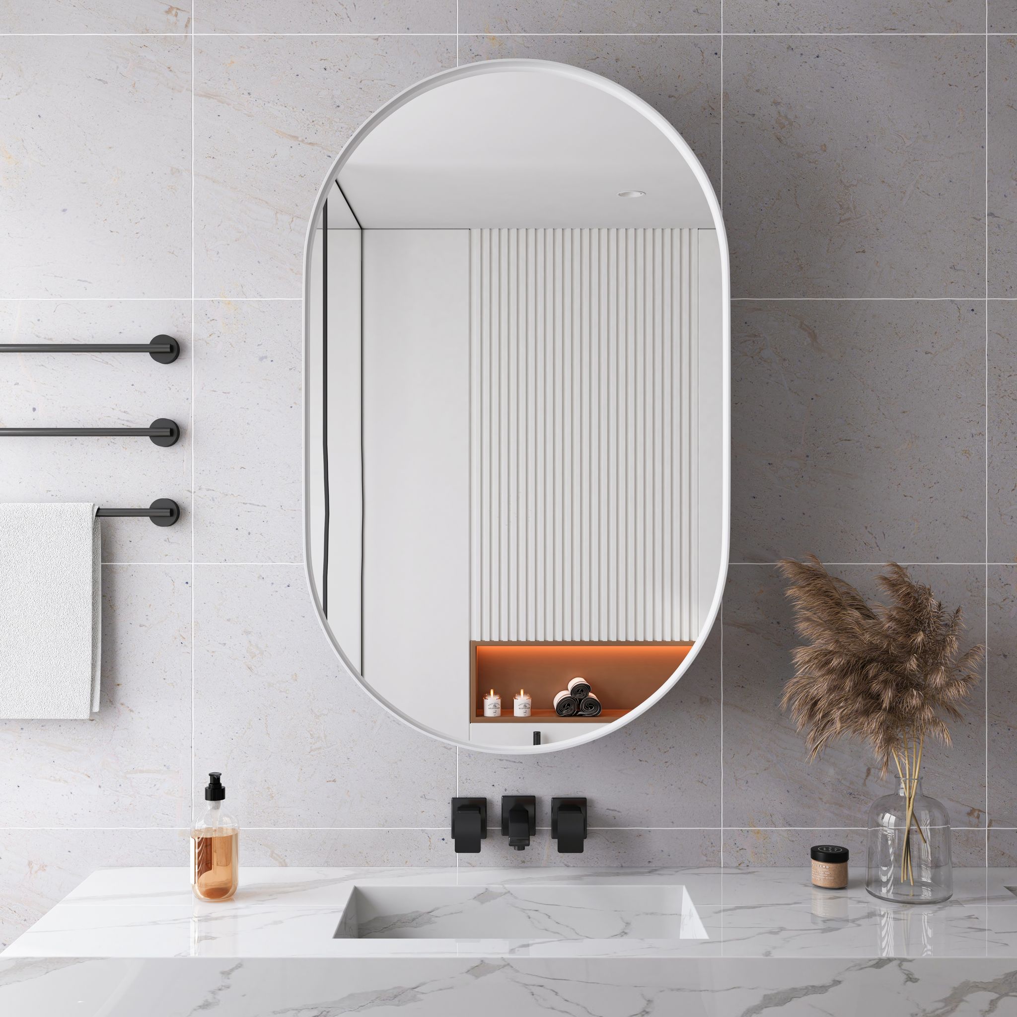 Stylish Oval Mirror Cabinet – 85x51,5x12 Cm – 10.7 Kg – Aus Metall – Contemporary Und Concise Style – Weiß – Contemporary Und Concise Style