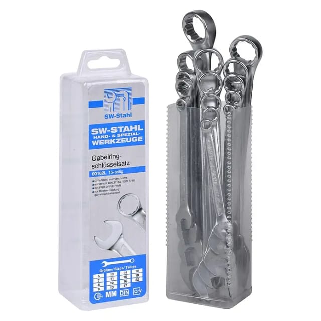 SW-Stahl 00162L Gabelringschlüsselsatz 6-22 mm, 15-teilig I Maulschlüssel-Set I Ringschraubenschlüssel I Doppel-Schraubenschlüssel I