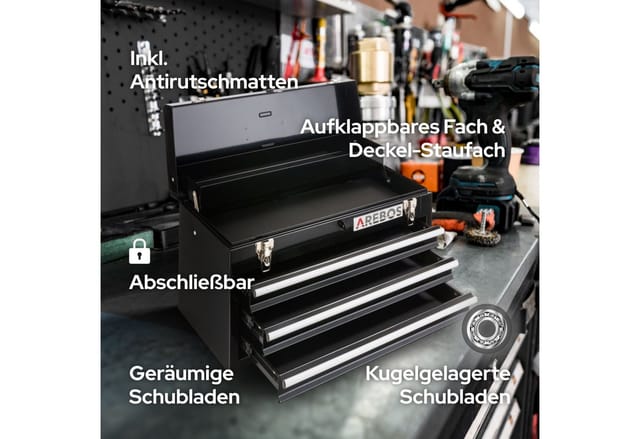 AREBOS Werkzeugkoffer mit 3 Schubladen & 2 Ablagefächern inkl. Tragegriff