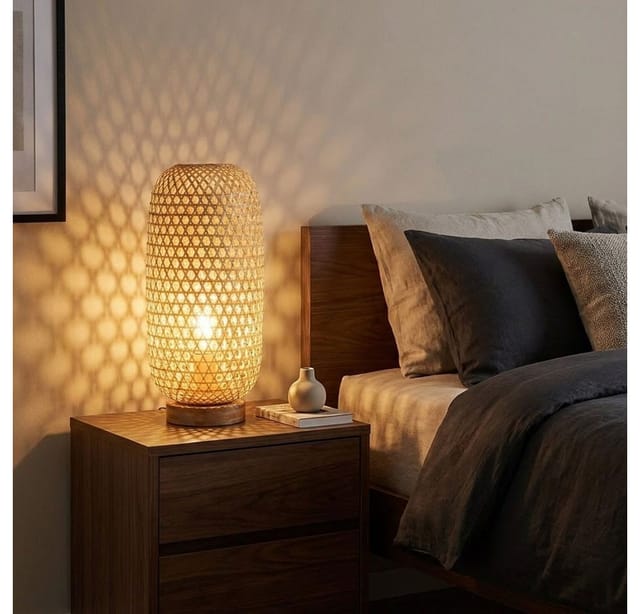 Tischleuchte Bambusgeflecht Tischlampe Bambus Beistellleuchte Boho Wohnzimmer, natur, 1x E27 Fassung, DxH 22x46 cm
