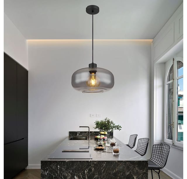 Led Hängelampe Pendellampe Esstischleuchte Rauchglas Wohnzimmer rund schwarz, Metall Retro, 1x E27 Filament led warmweiß, DxH 28x120 cm