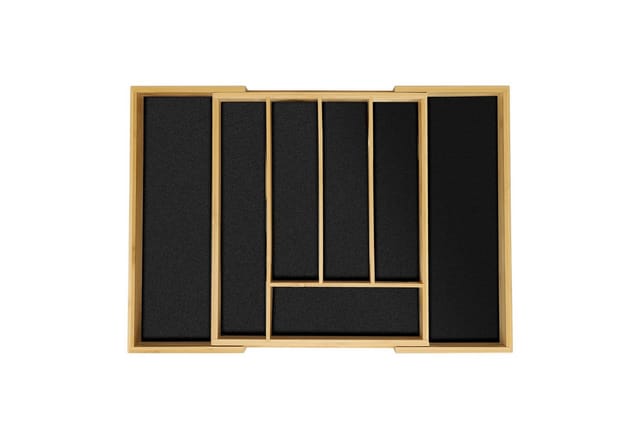 Besteckkasten, ausziehbar, 5 bis 7 Fächer, Schubladen Organizer, Bambus & mdf, Besteckschublade, natur/schwarz - Relaxdays