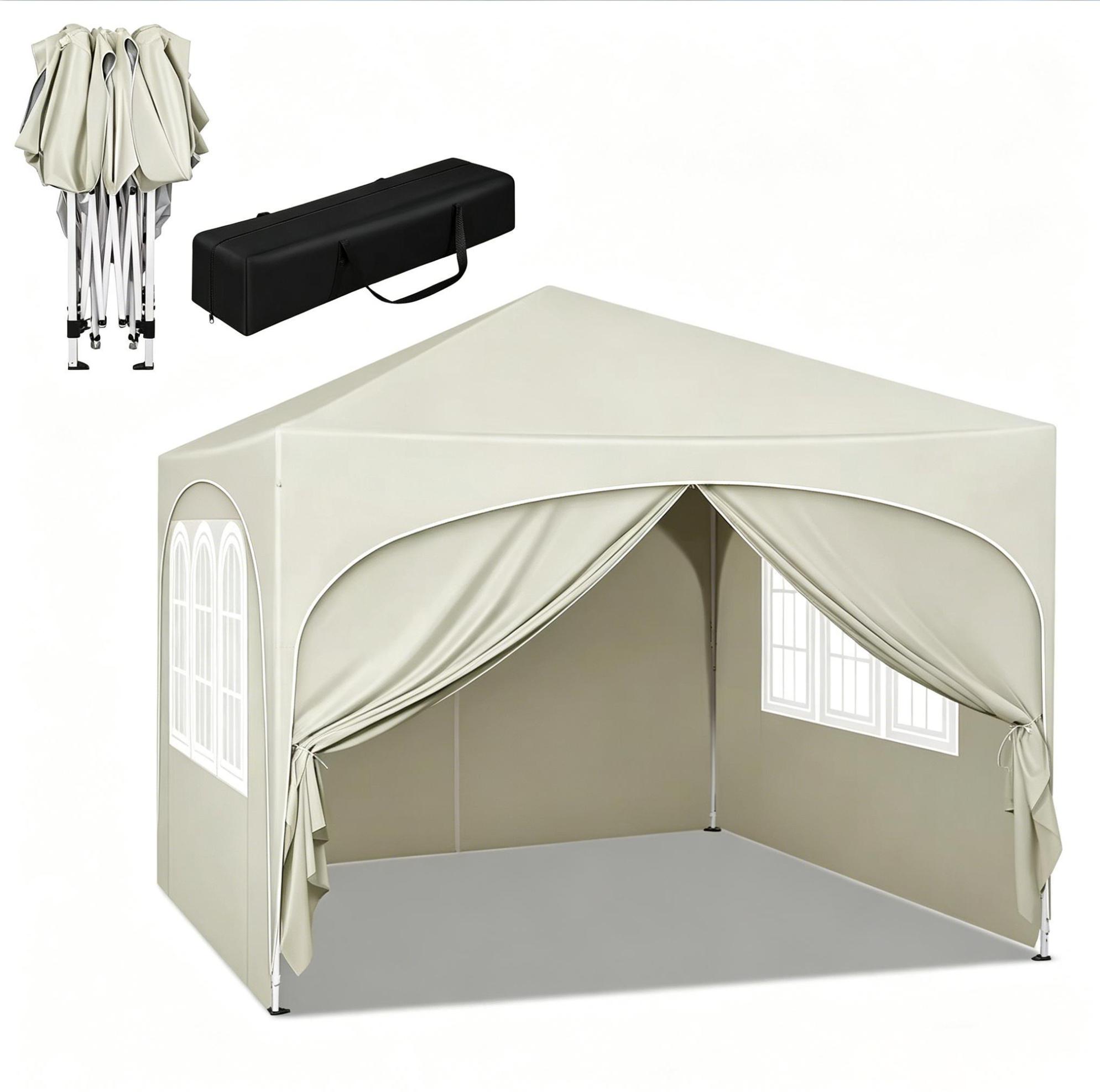 Faltbarer Gartenpavillon 3 X 3 M Beige Mit Seitenwänden, Eisenrahmen, Oxford-210d-dach