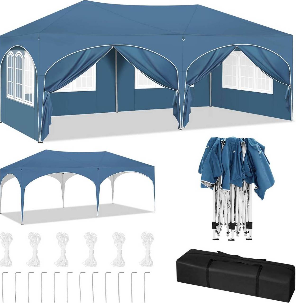 3x6 M Gartenpavillon In Blau Mit 6 Seitenwänden, Metallgestell, Wasserabweisender Plane
