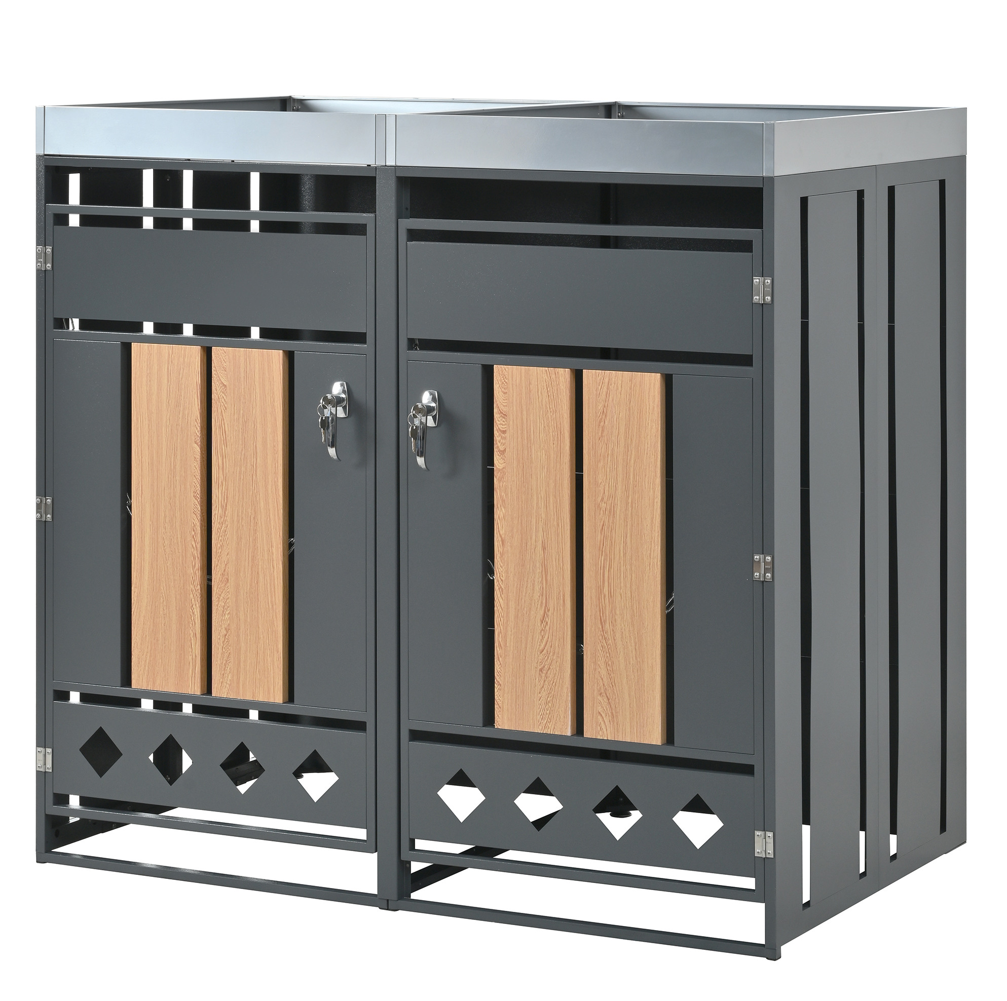 Doppel-mülltonnenbox Mit Pflanzkasten, Verzinkter Stahl, Abschließbare Türen, 132x80x124,5 Cm