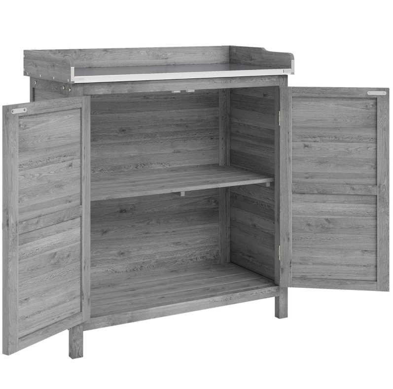 Gartenschrank Mit Umtopftisch Aus Tannenholz Und Verzinkter Metallplatte, Grau