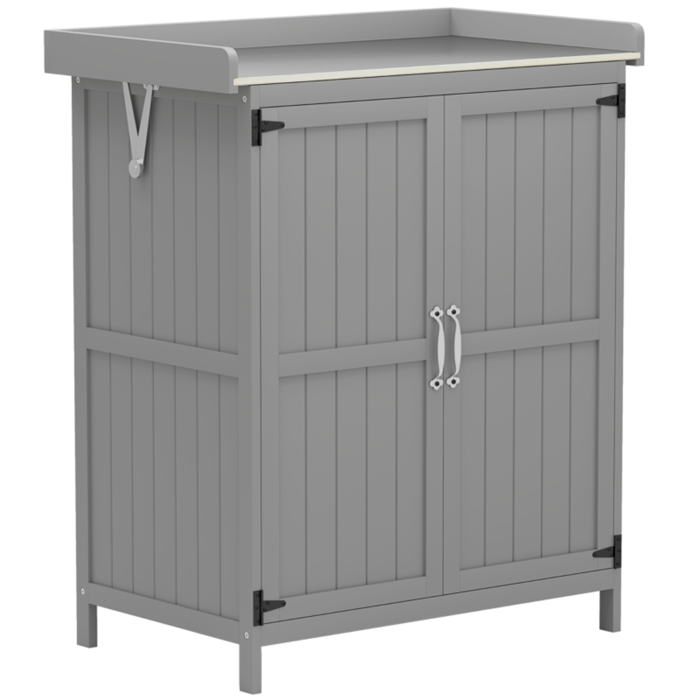 Gartenschrank Mit Arbeitsplatte Aus Holz Und Edelstahl, Doppeltür, Grau