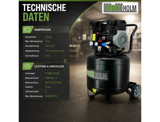 Premium Brushless Silent Flüsterkompressor 50L vertikal Kompressor leise 1500W, 62dB, 8 bar