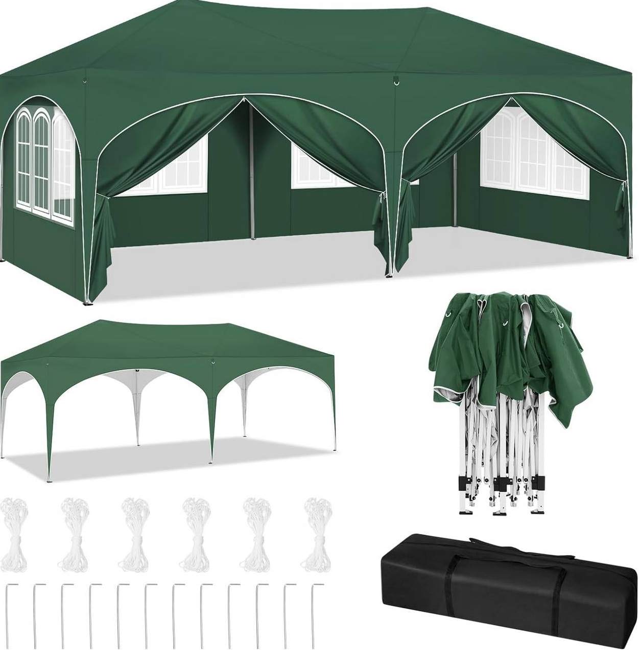 Gartenpavillon 3 X 6 M Grün, 6 Seitenwände, Wasserdicht, Uv 50+, Höhenverstellbar