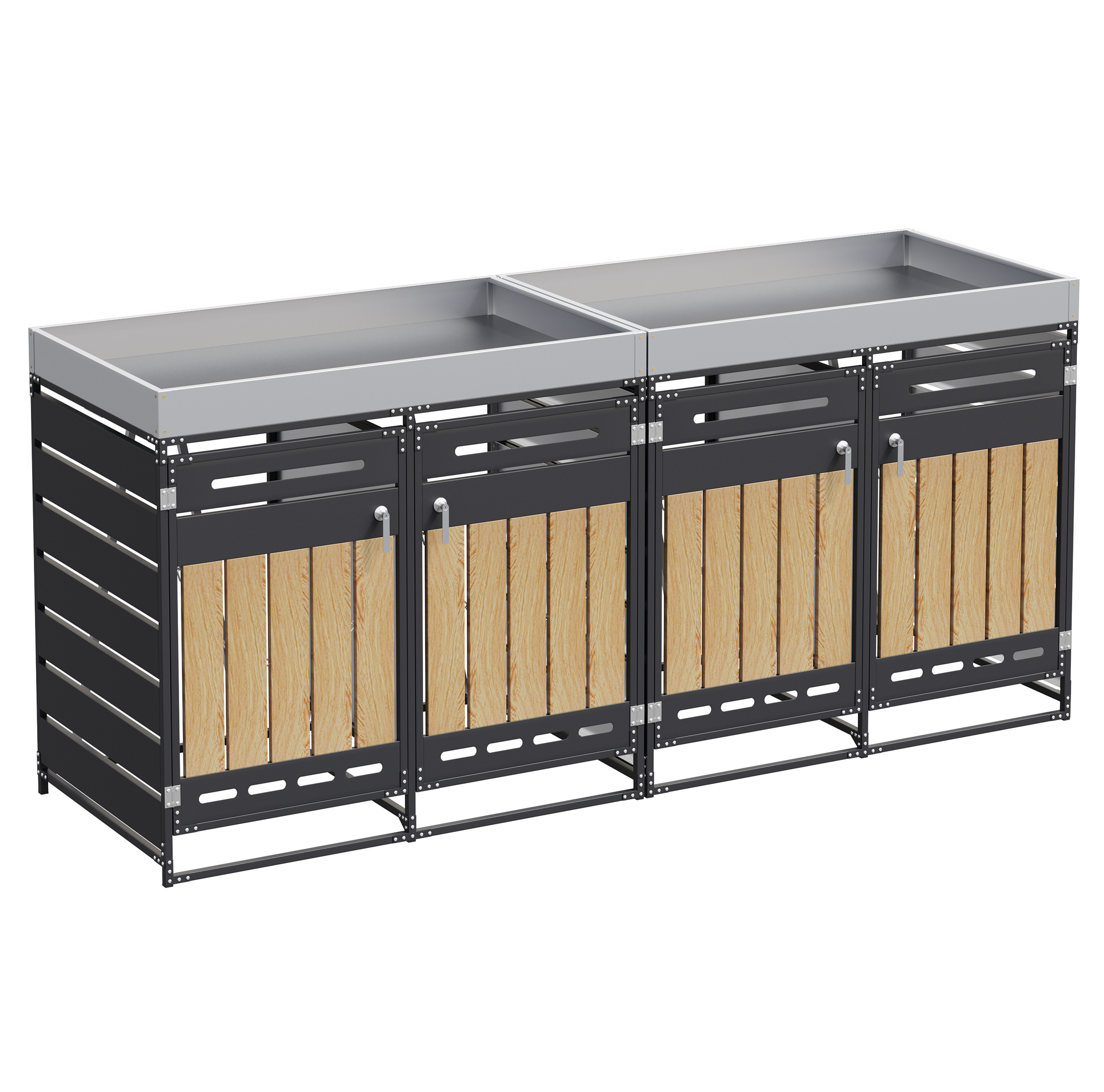 Mülltonnenbox 4er Mit Pflanzkasten, Schwarzes Eisen, Holzoptik, Belüftet