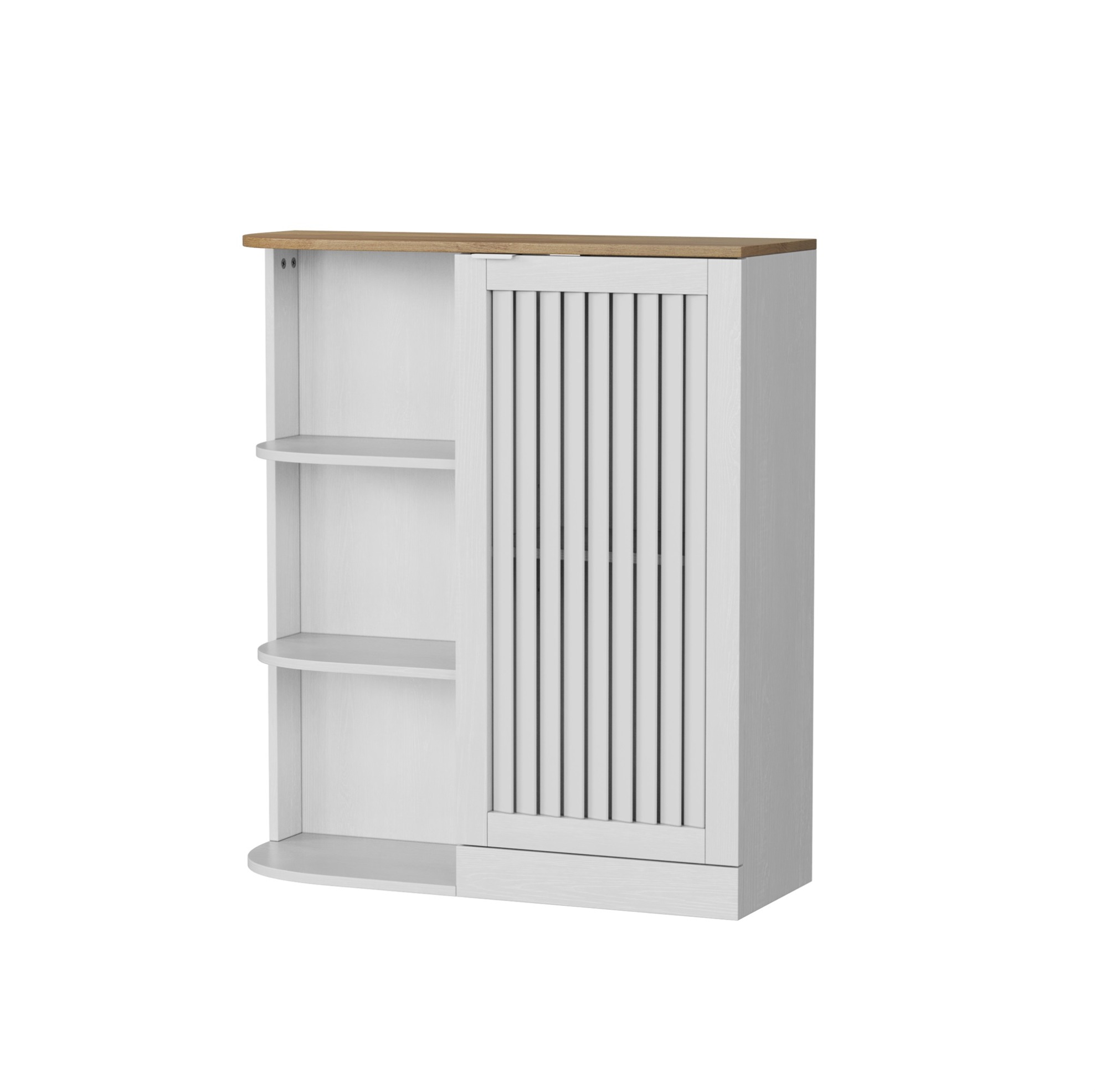 Badezimmer-eckschrank Aus Mdf In Weiß Und Eiche Mit Offenen Regalen Und Gittertür