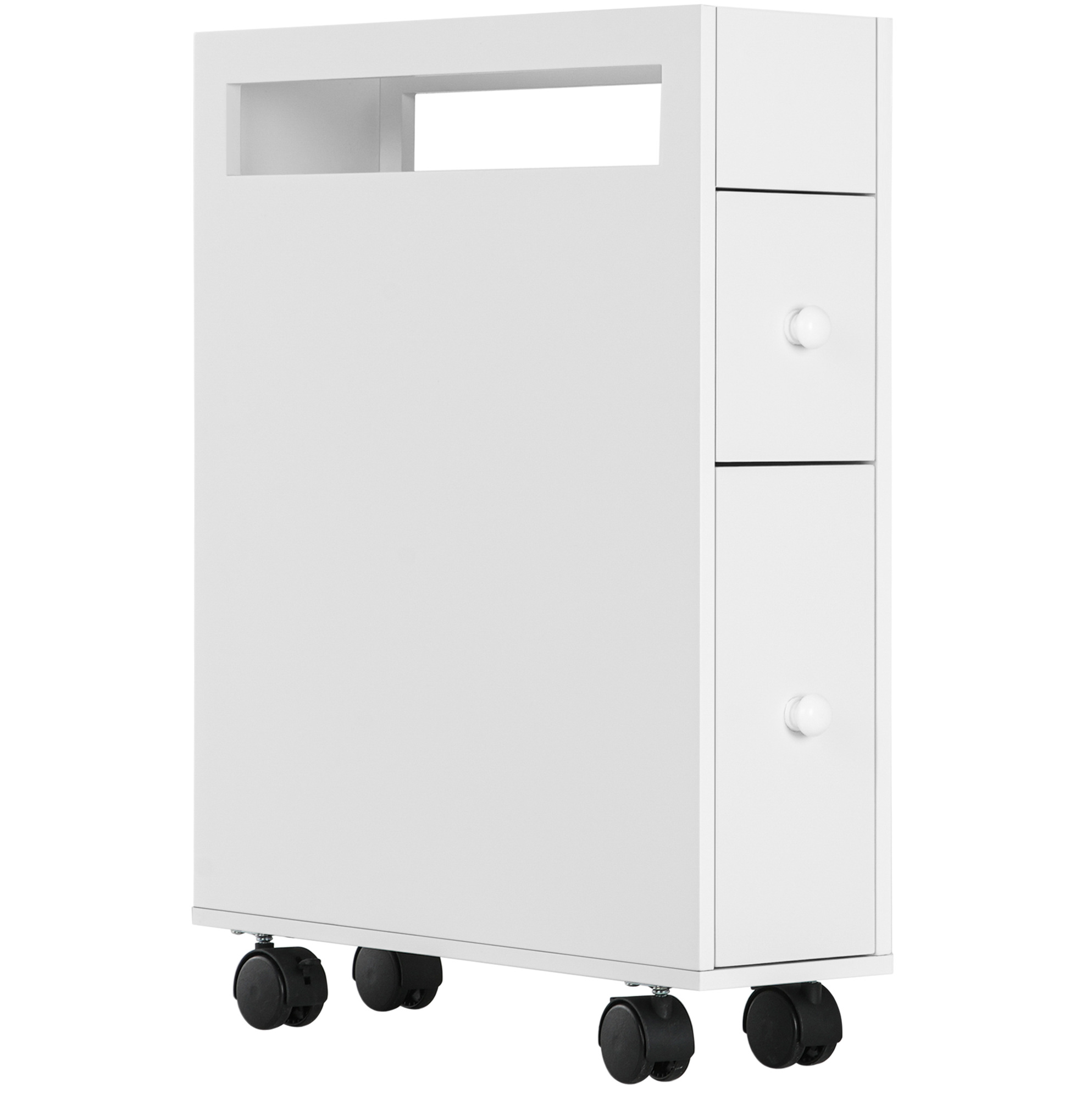 Schmaler Badschrank Auf Rollen Mit 2 Schubladen Und Offenem Fach, Weiß, 16 X 49,5 X 66 Cm