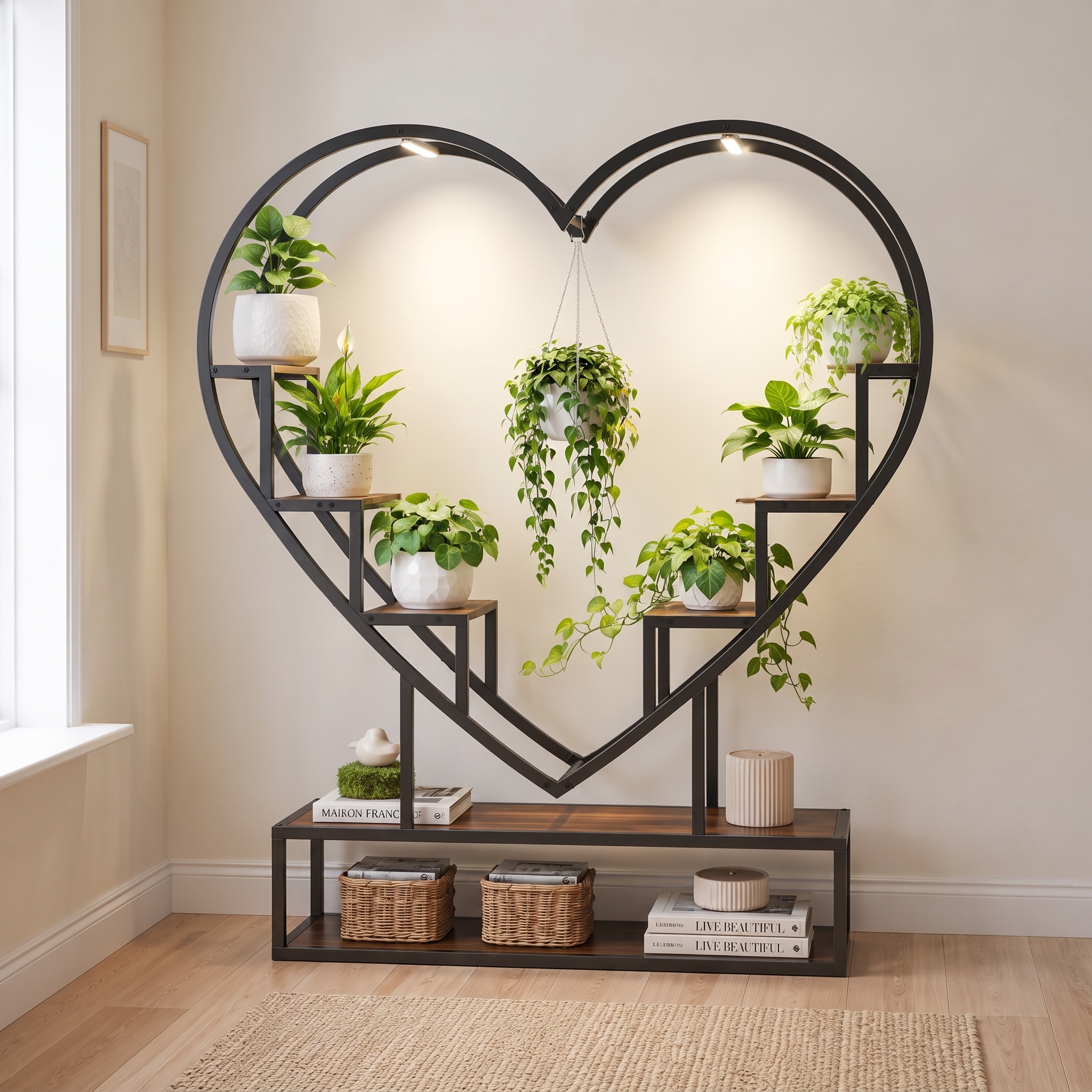 Pflanzenregal Für Innenräume, 138 Cm, Herzförmiger Pflanzenständer Mit Pflanzenlampe Fürs Wohnzimmer, Mehrstufiges Holzregal Mit Stauraum, Walnuss