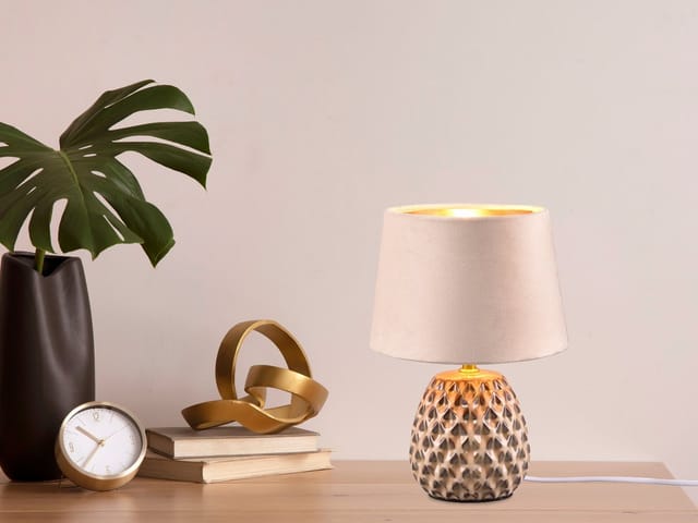 Led Retro Tischleuchte mit Samtschirm in Beige/Gold, Höhe 27cm
