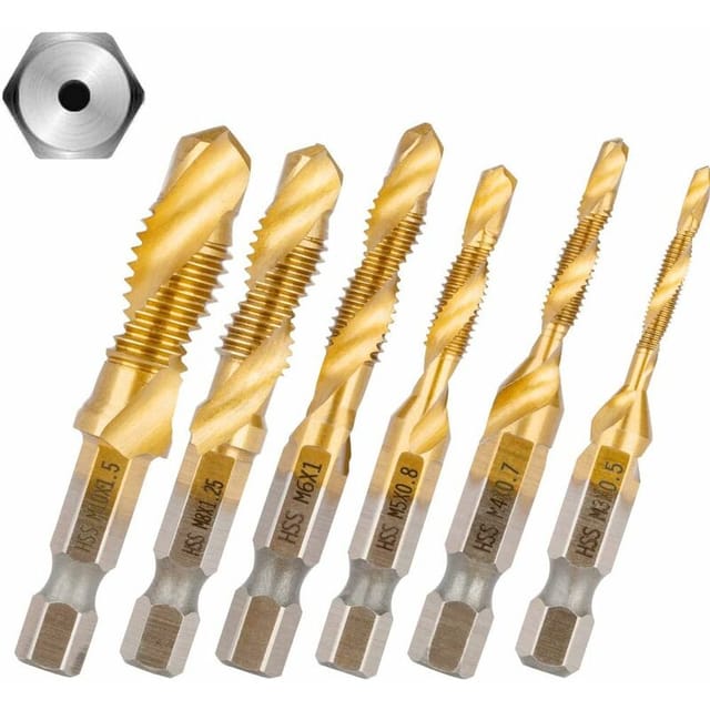 6 Stück 1/4'' HSS-Kombi-Gewindebohrer M3-M10 - Sechskant, Holz, Kunststoff, Aluminium, Hartmetall