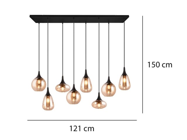 Led Pendelleuchte 8-flammig groß mit Glas amberfarbig, Breite 121cm