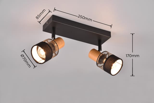 Trio Leuchten - Deckenstrahler nandini 2-flammig, Holz & Draht-Stoff Lampenschirm, Breite 38,5cm