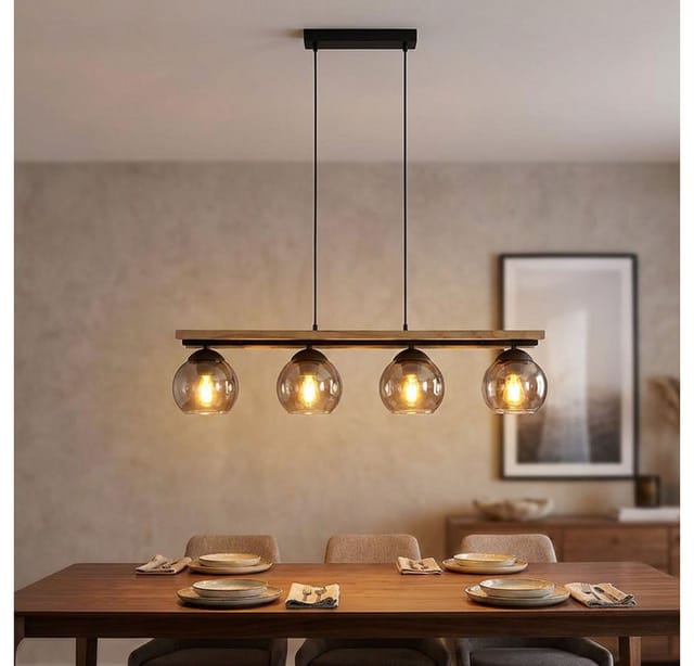 Pendelleuchte Hängeleuchte Wohnzimmerlampe Esszimmerleuchte, Metall Eichenholz Glas rauch, 4 Flammig, E27, h 120 cm