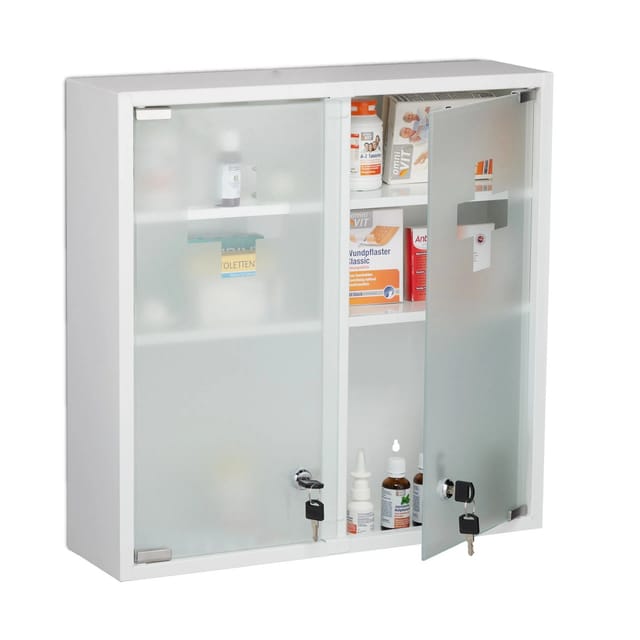 Medizinschrank, 2 türig, abschließbar, 3 Fächer, hbt 53x52,5x15,5 cm, Medikamente, Arzneischrank hängend, weiß - Relaxdays