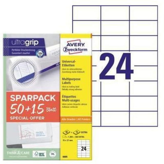 Avery Zweckform - Universaletikett ultragrip sparpack 50 + 15 Blatt 70 x 37 mm (b x h) nicht wieder ablösbar Papier weiß 1.560 Etik./Pack.