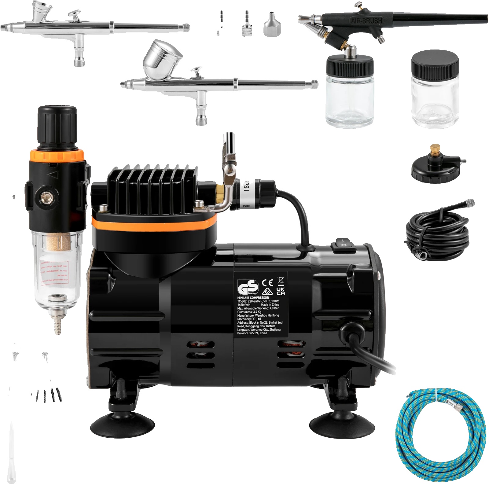 Druckluftpistole, 120 W Leistung, 220 V/110 V Spannung, Fördermenge 18–23 L/min, Inklusive 3 Düsengrößen, Automatische Druckregelung