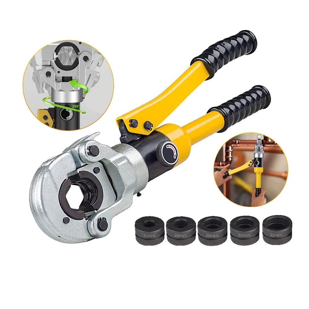 Hydraulisches Crimpwerkzeug, Crimpbereich 16–32 Mm², Zweistufiger Öleinlass, Kompatibel Mit Aluminium-kunststoff- Und Pex-schläuchen, 360° Drehbarer Kopf, Stahl- Und Aluminiumkonstruktion