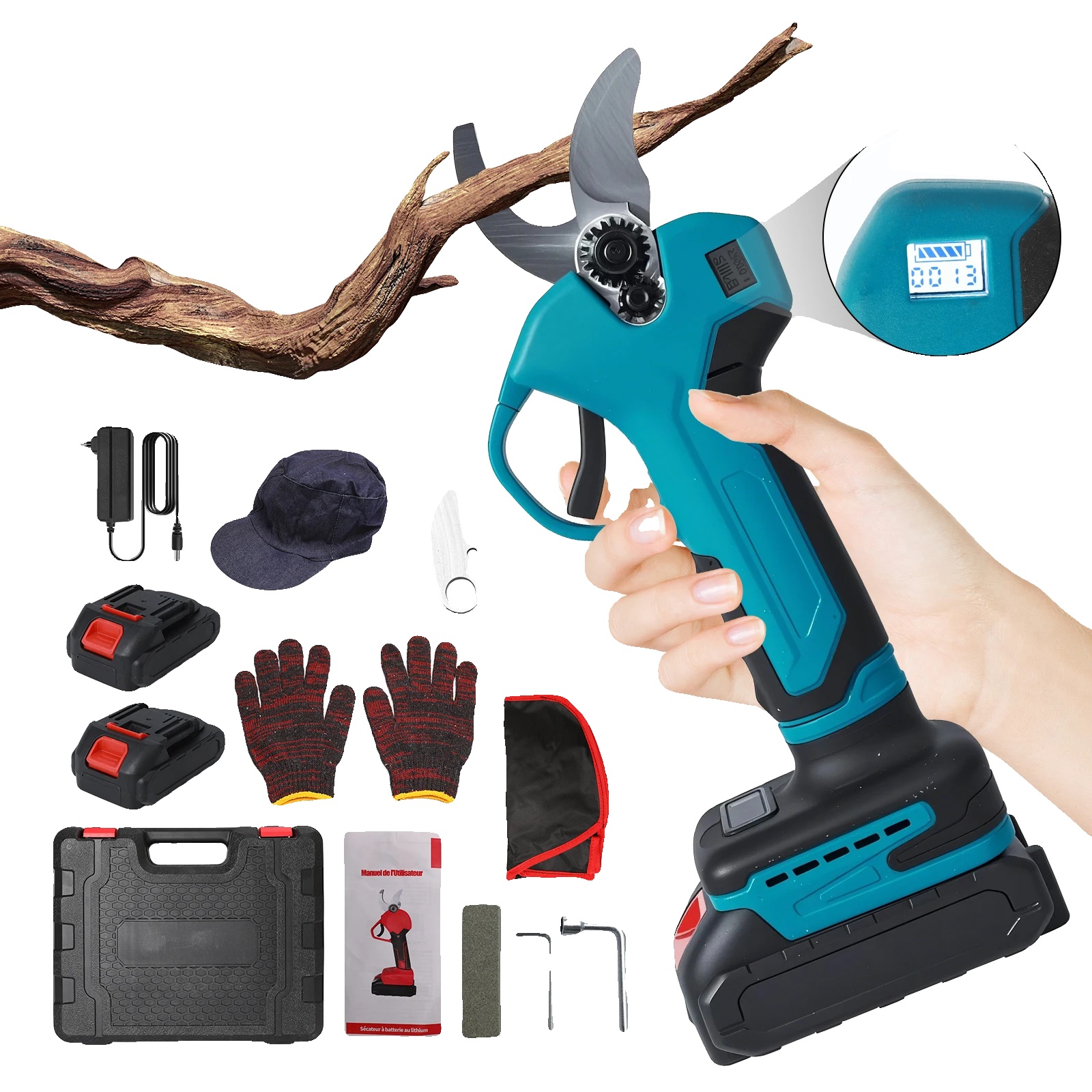 Elektrische Gartenschere, Einstellbare Leistung, Ergonomisches Design, Mit 2 Blauen Batterien