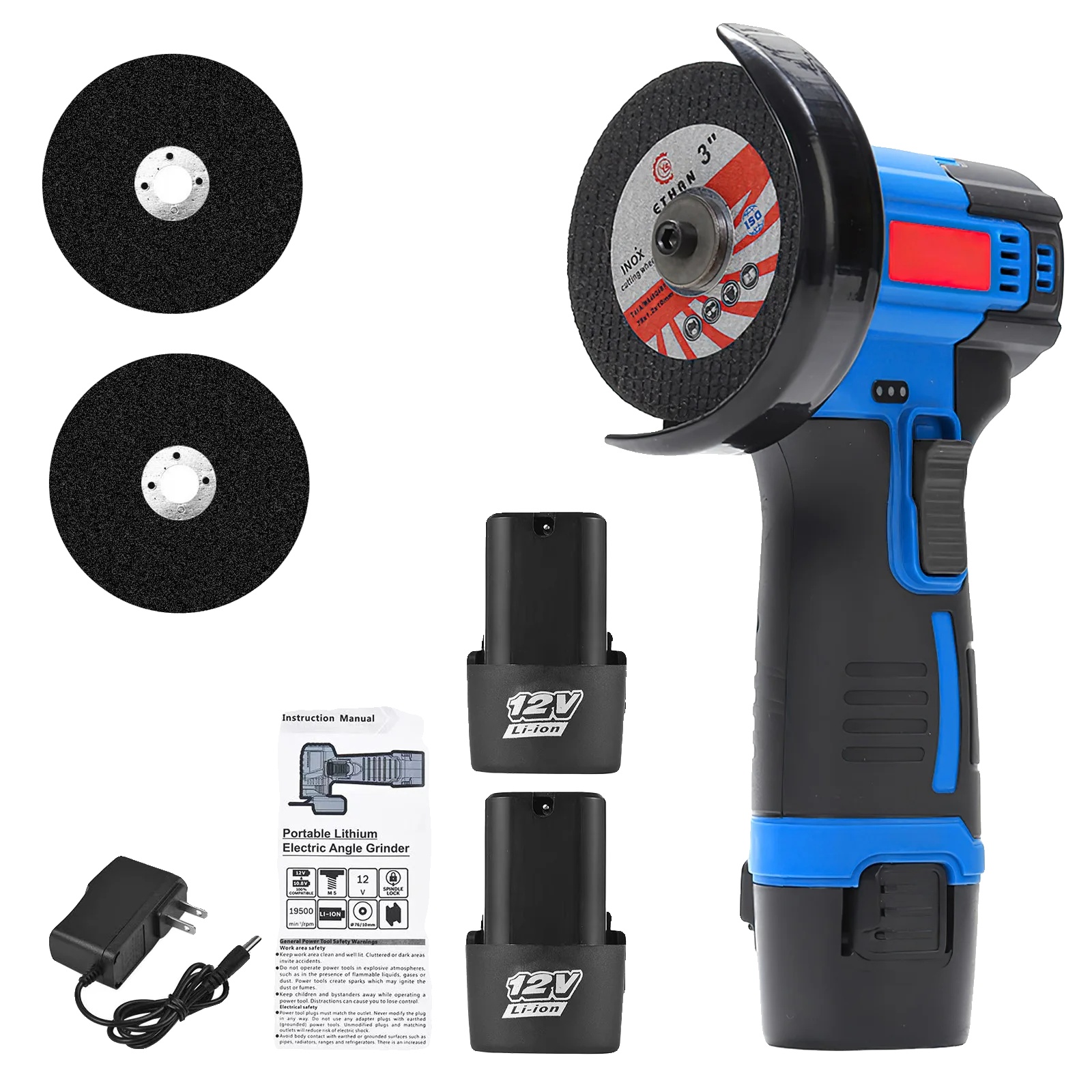 Akku-winkelschleifer, 550 W Leistung, 2 Akkus, 1 Netzstecker – Blau