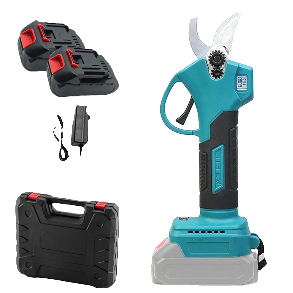 Elektrische Gartenschere, Bürstenloser Motor, Sicherheitsverriegelung, 2 Akkus, 1 Eu-stecker