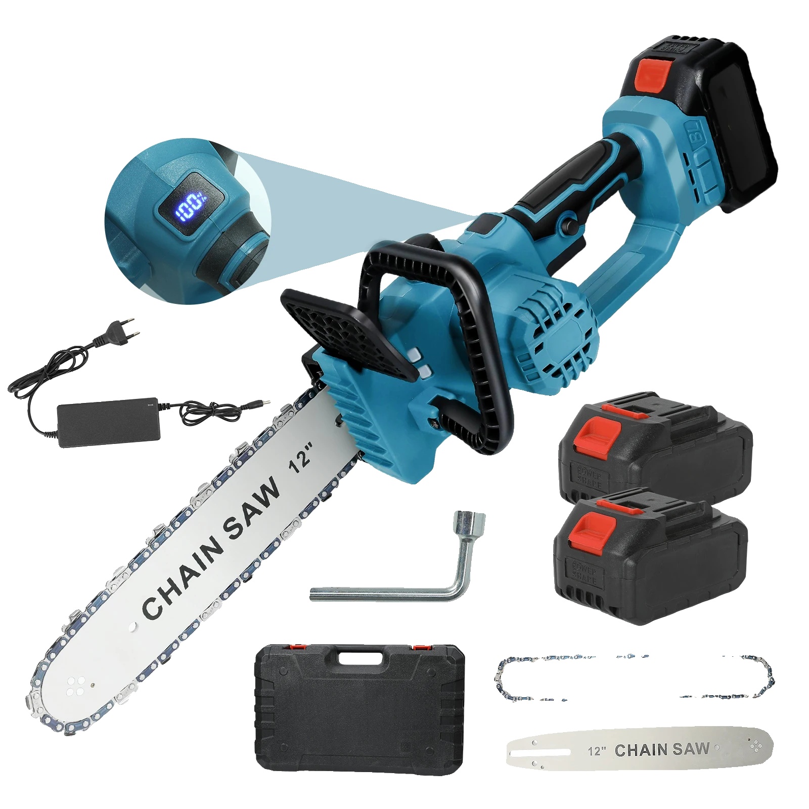 Elektrische Kettensäge, 21-v-akku, 20.000 U/min Motor, 30 Cm, Blau