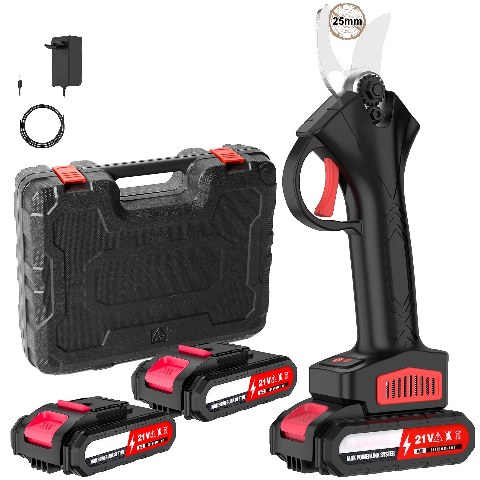 Gartenschere, Bürstenloser Motor, Einstellbare Geschwindigkeit, 2 Akkus