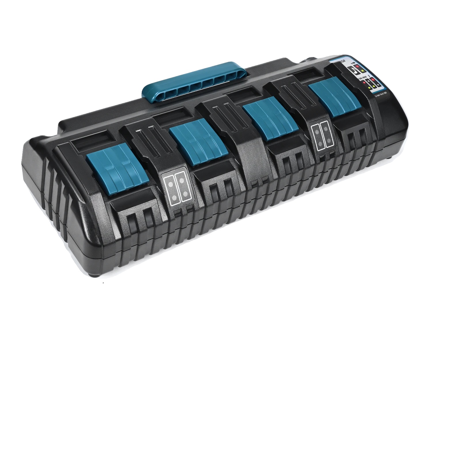 Akkuladegerät, Vier Ladeanschlüsse, Zwei Usb-anschlüsse, Schwarz