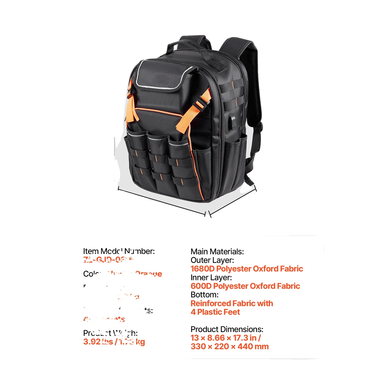 Werkzeugrucksack, 45 Taschen, Strapazierfähiges Oxford-gewebe, 12-14 Zoll