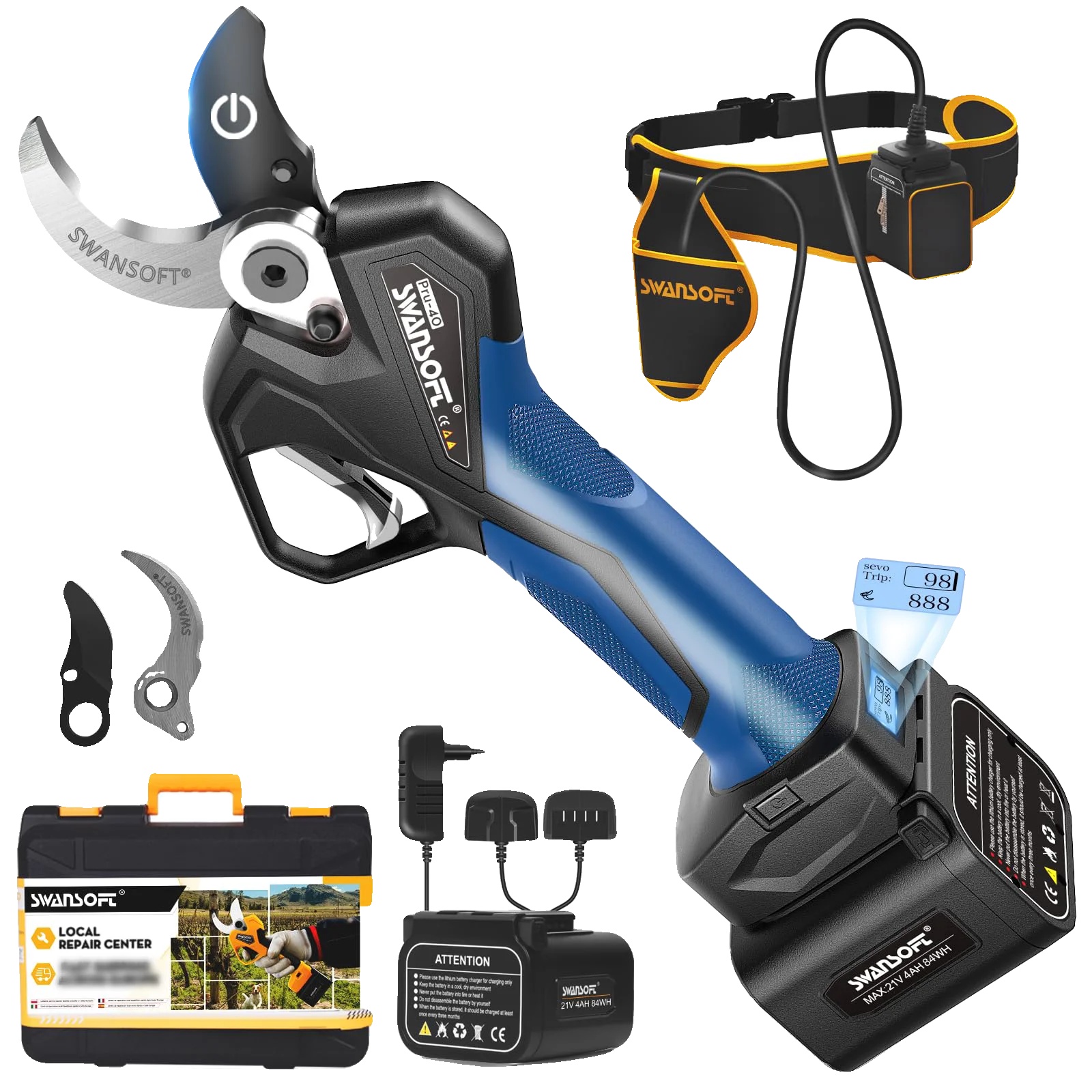 Elektrische Gartenschere, Zwei Akkus, Ergonomischer Griff, 4 Ah, Zwei Akkus