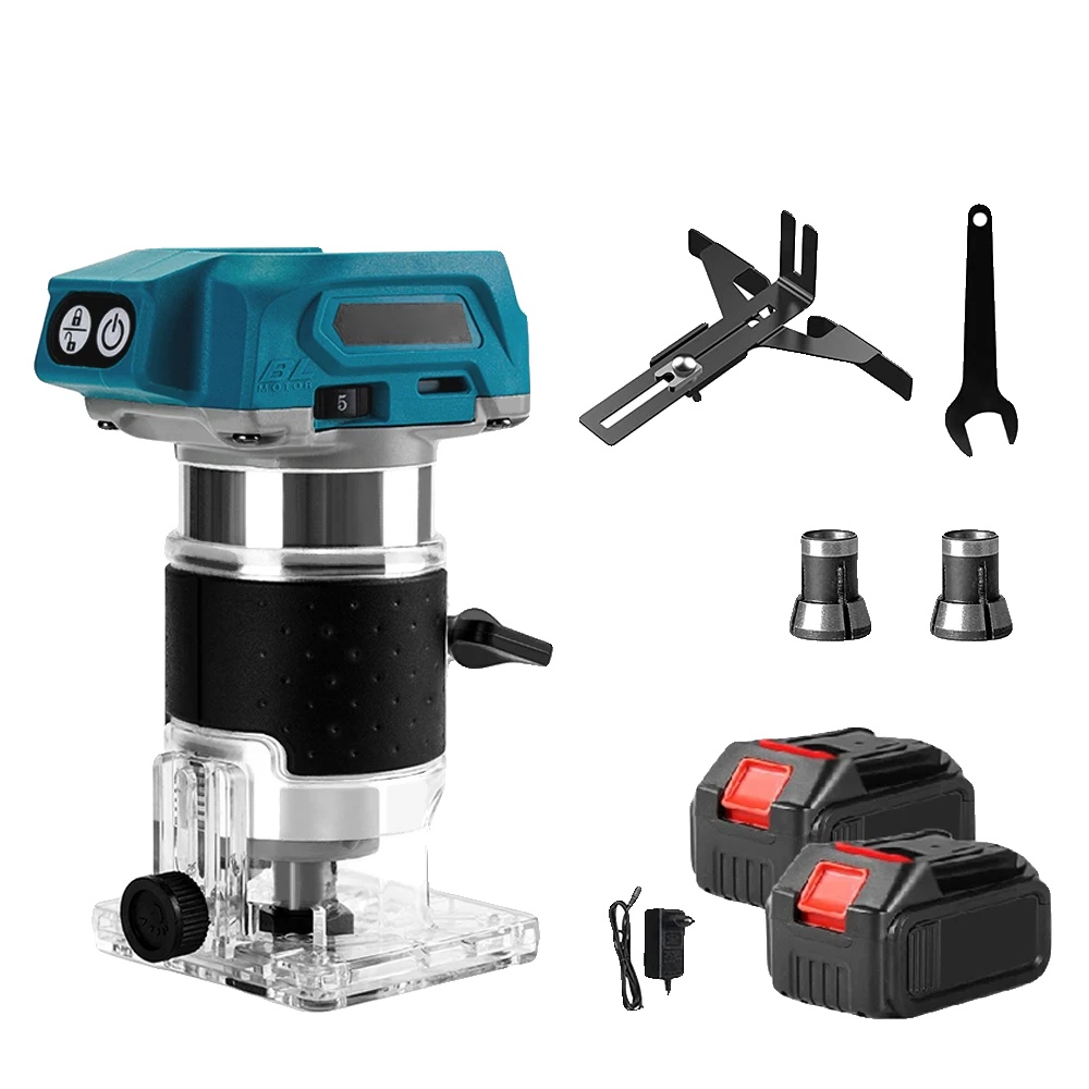 Oberfräse, Bürstenloser Motor, Variable Drehzahlregelung, Mit 2 Akkus