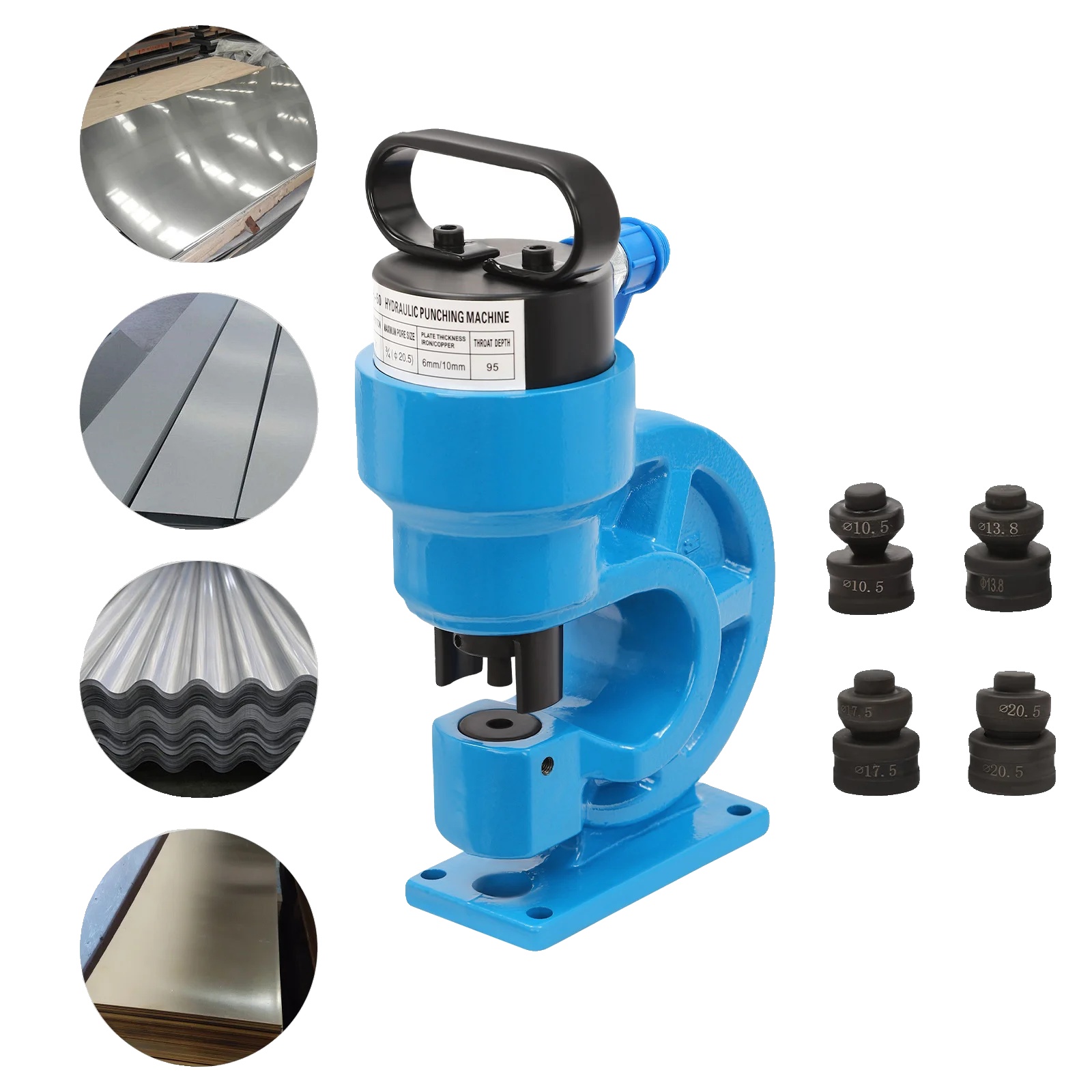 Hydraulische Bohrmaschine, 31 Tonnen Bohrkraft, 95 Mm Ausladung, Abmessungen 24,5 Cm X 35 Cm, Geeignet Für 6 Mm Und 10 Mm Blechstärke, Inklusive 4 Bohrschneckenpaaren