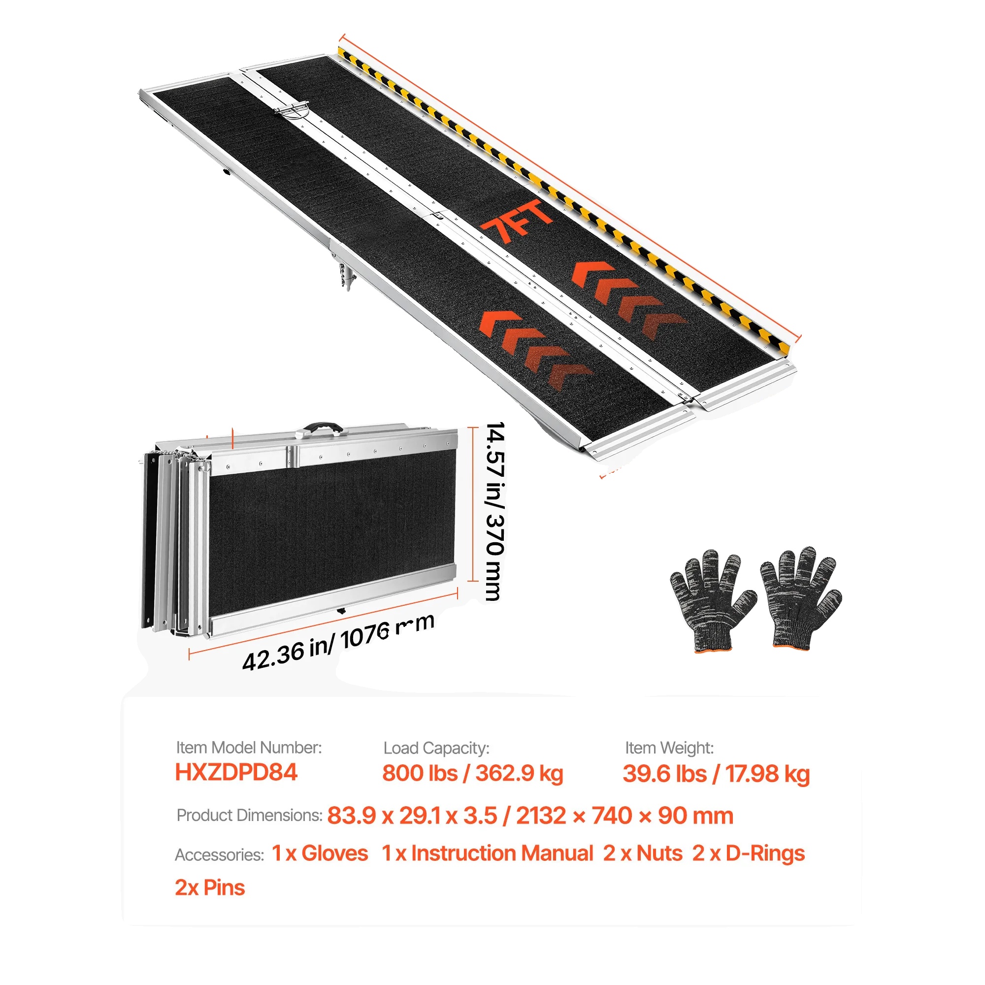 Tragbare Türschwellenrampe, Tragkraft 800 Lb (ca. 363 Kg), Vielseitig Einsetzbar, 84 Zoll (ca. 213 Cm)
