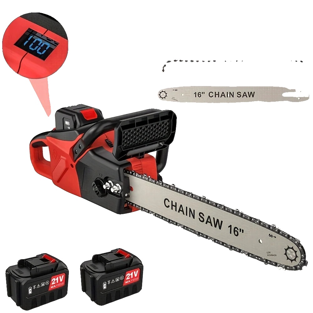 Elektrische Säge, 16 Zoll, Automatische Ölung, Rot (2 Batterien)