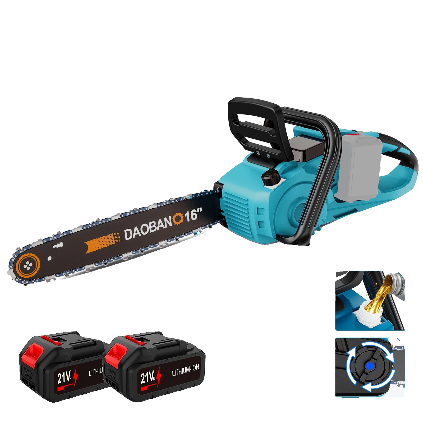 Elektrische Säge, 16 Zoll, Automatische Ölung, Blau (2 Batterien)
