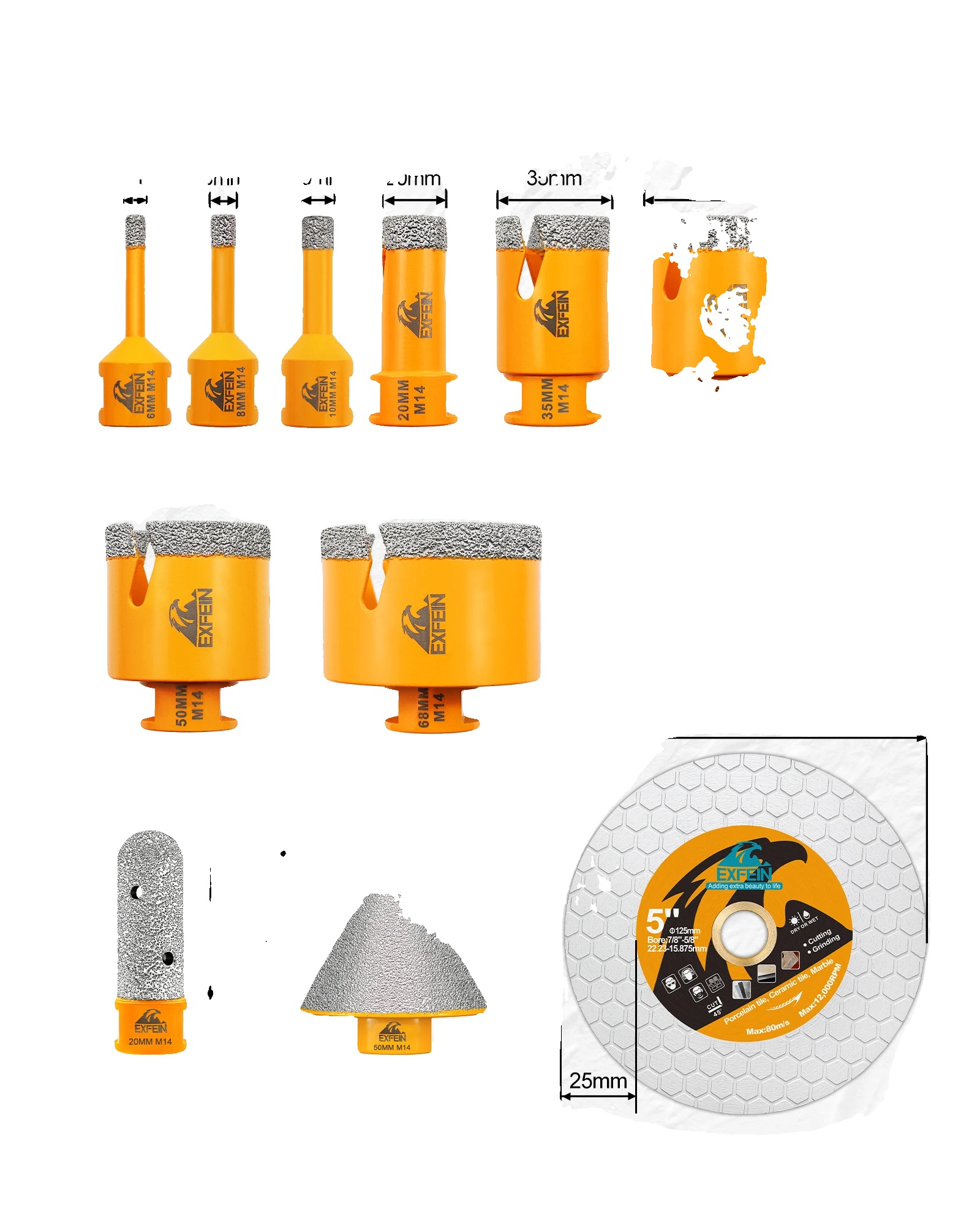Diamantkernbohrer-set, M14-kompatibel, 12-teilig, Inklusive Transportkoffer, M14-gewinde