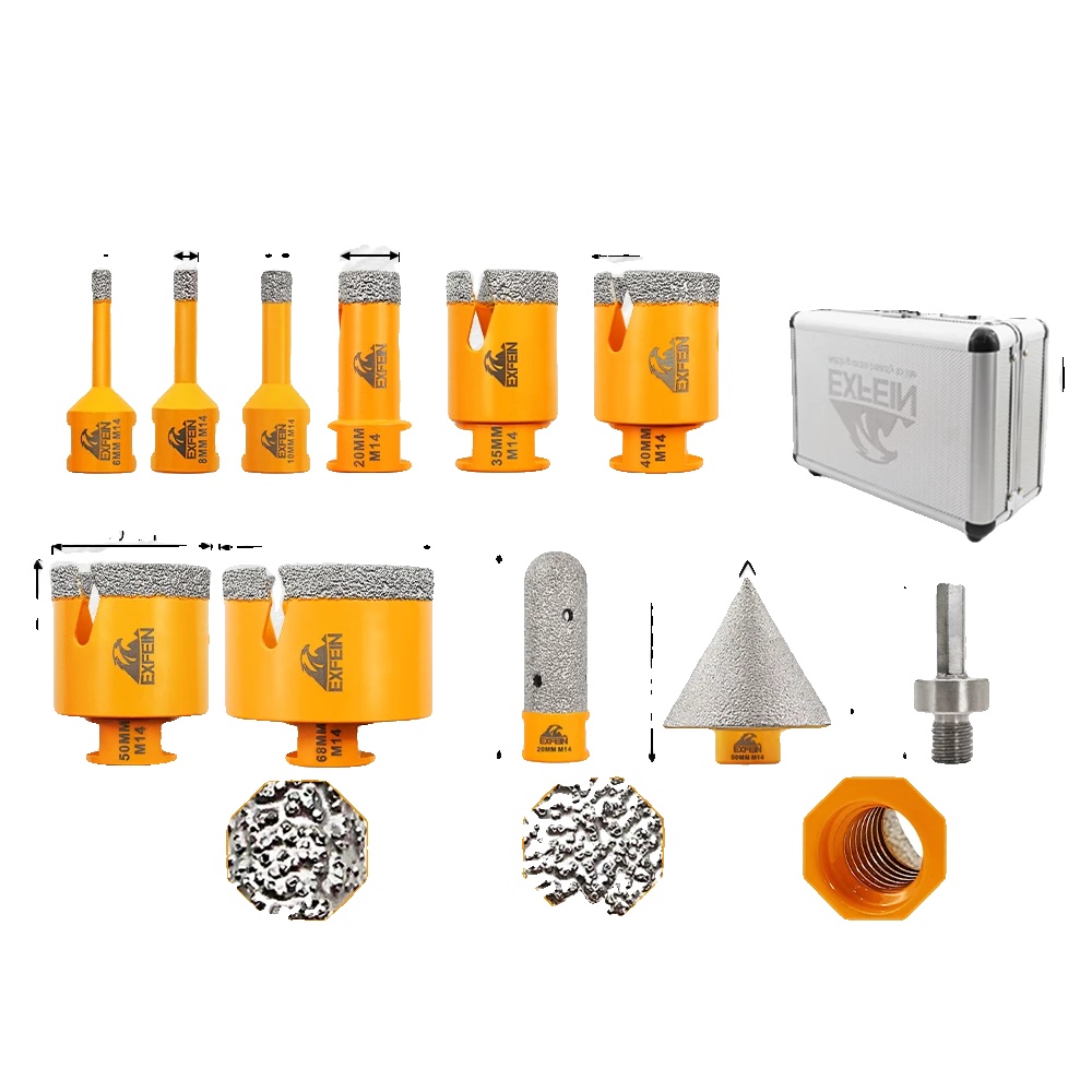Kernbohrer-set, Verschiedene Größen, Diamantbeschichtet, 11-teilig, Inklusive Transportkoffer, M14-gewinde