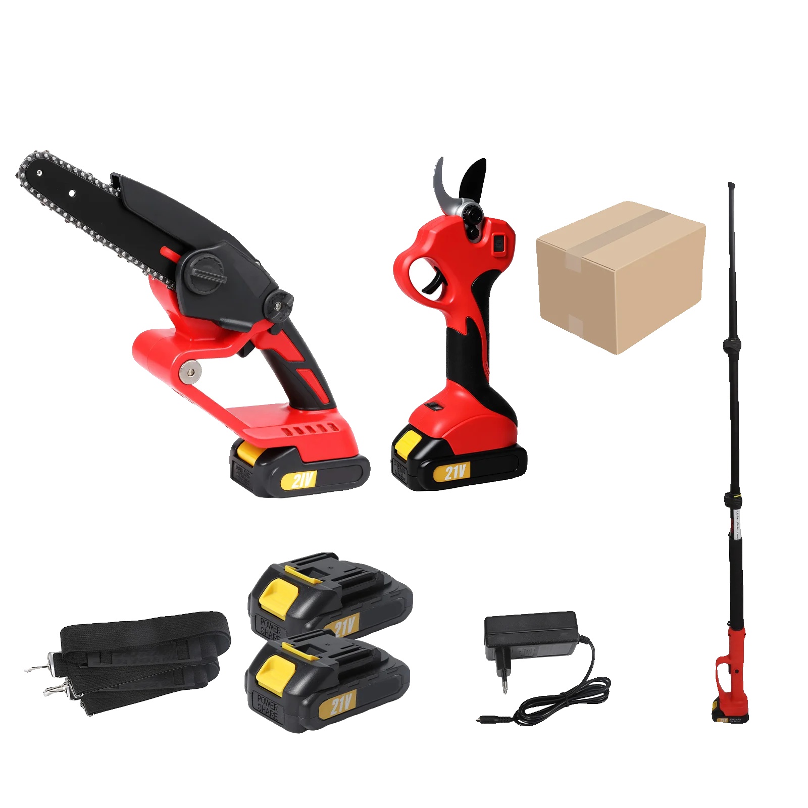 Elektrische Teleskop-gartensäge, Doppelfunktions-gartenschere, Hohe Leistung, Rot – 3-in-1, 2 Akkus