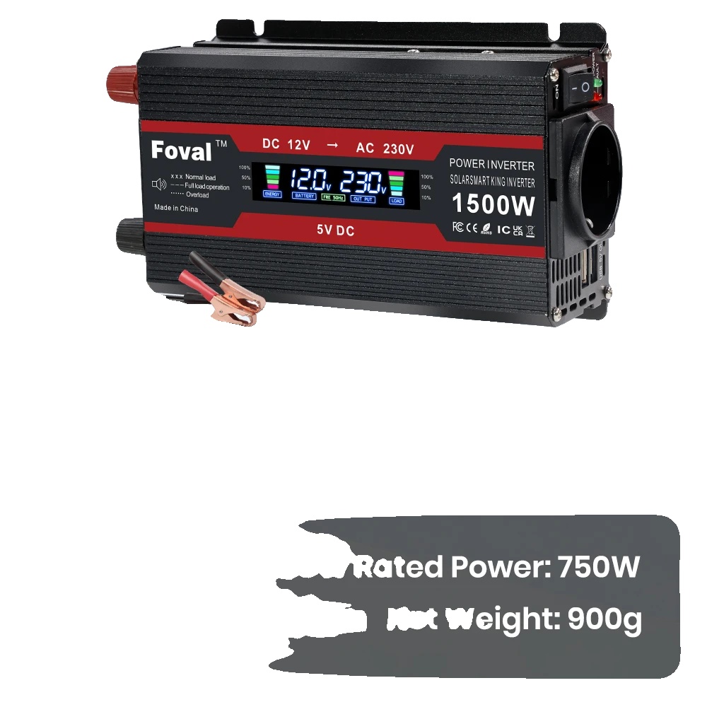 Wechselrichter, Modifizierte Sinuswelle, Zwei Usb-anschlüsse, 1500 W, 12 V, Schwarz